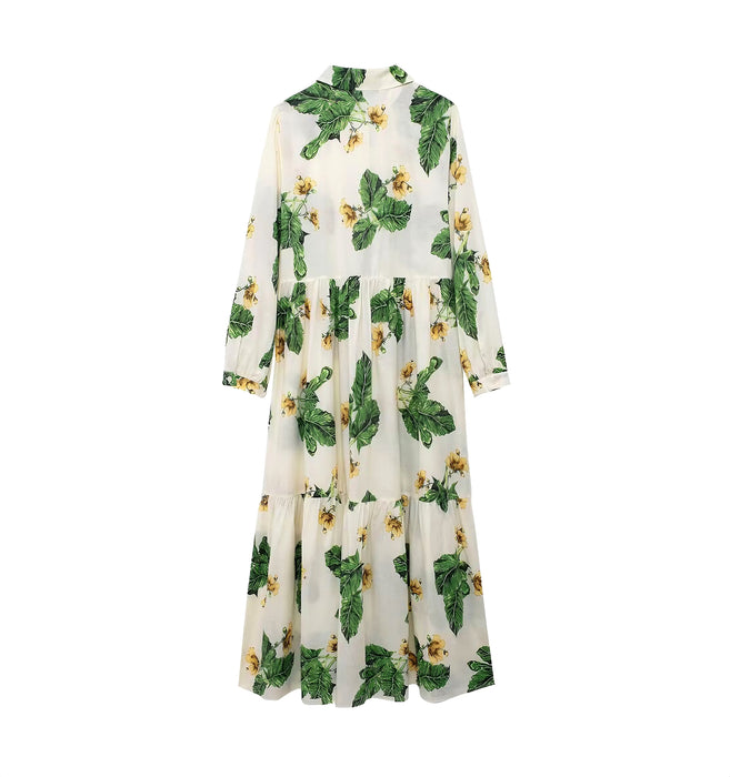 Summer Women Clothing Simple Floral Print Long Sleeve Dress