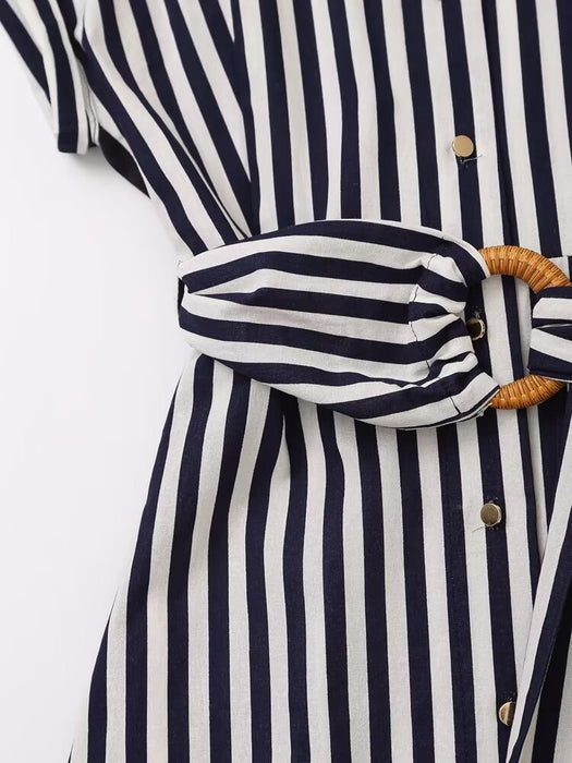 Summer Women Clothing Linen Stripes Midi Dress