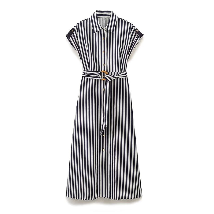 Summer Women Clothing Linen Stripes Midi Dress