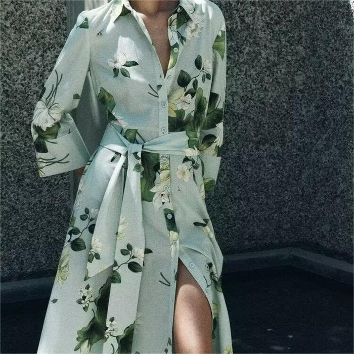 Women Clothing Casual Retro Floral Printed Shirt Dress