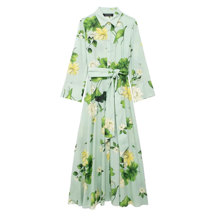 Women Clothing Casual Retro Floral Printed Shirt Dress