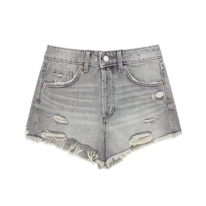 Women Clothing French Perforated Hole Decoration High Waist Casual Denim Shorts