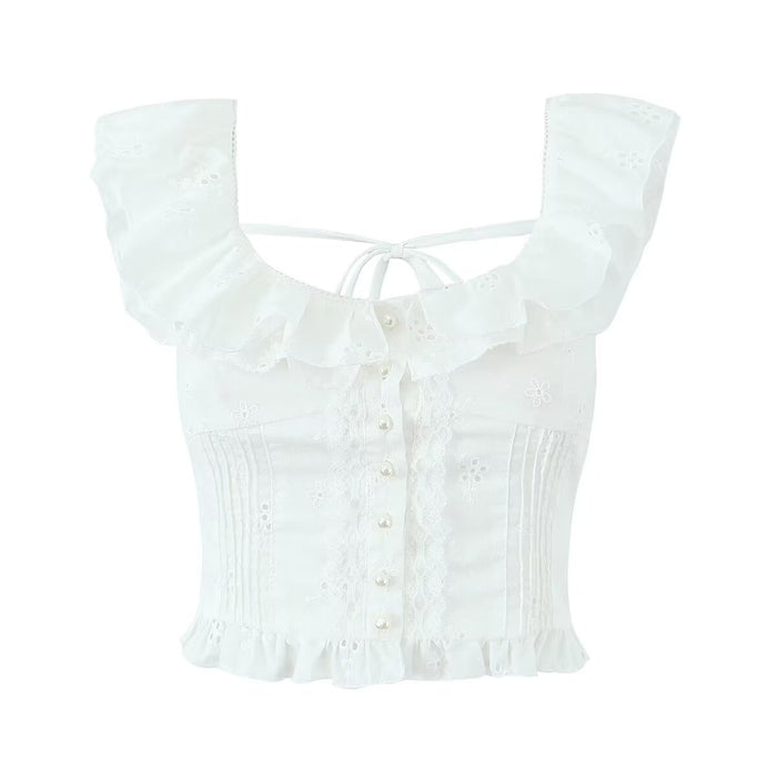 French Sweet Spicy Sexy White U Collar Flying Sleeve Jacquard Short Shirt Women Summer Sexy Sexy Slim Top