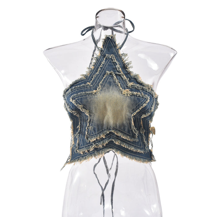 Women Sexy Summer Lace Up Halterneck Five Pointed Star Sexy Denim Top