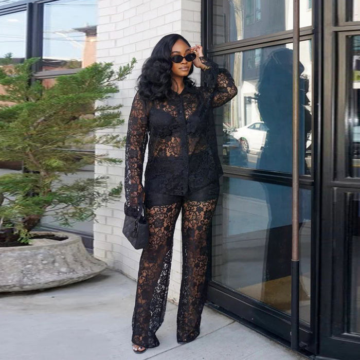 Women Wear Sexy Lace Pattern Collared See Through Suit