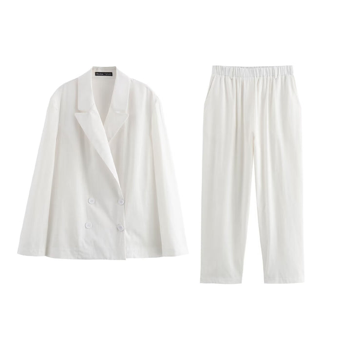 Women Clothing Summer Linen Pleated Blazer Straight Leg Pants Set