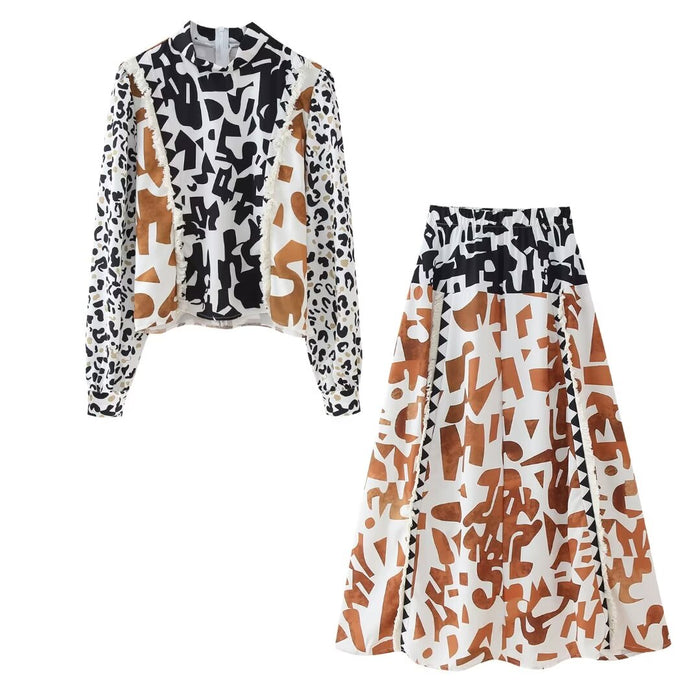 Summer Women Clothing Three Color Positioning Printed Shirt Skirt Set