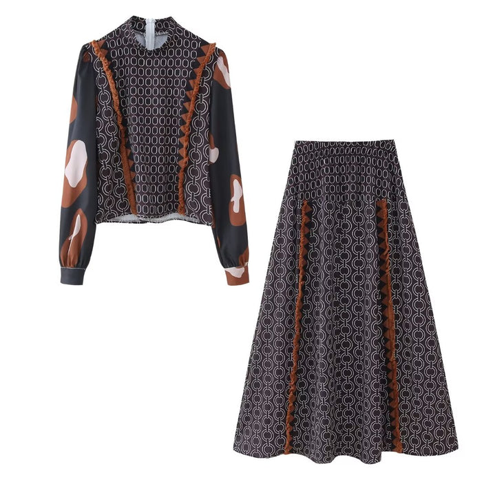 Summer Women Clothing Three Color Positioning Printed Shirt Skirt Set