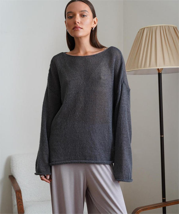 Autumn Openwork Knitted Top Round Neck See Through Thin Sweater Women