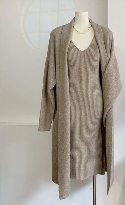 Autumn Winter Knitting Suit Women Elegant Vest Dress Long Cardigan Coat