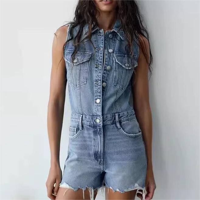 Women Clothing French Collared Sleeveless Denim Jumpsuit Wild Jumpsuit