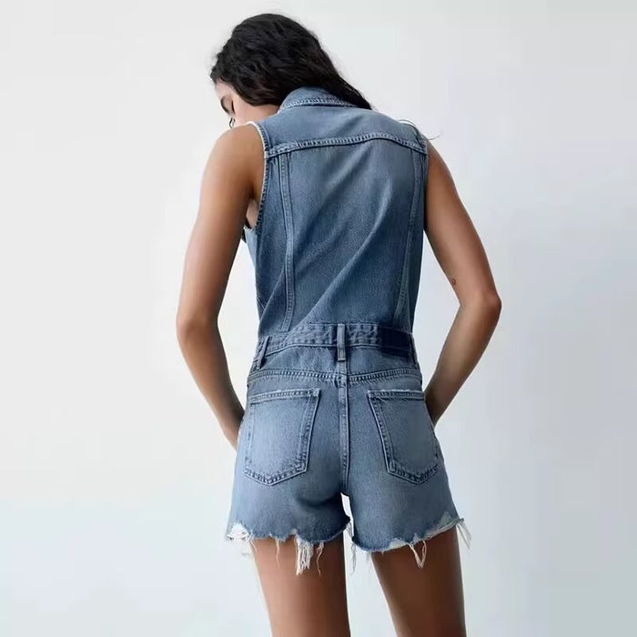 Women Clothing French Collared Sleeveless Denim Jumpsuit Wild Jumpsuit