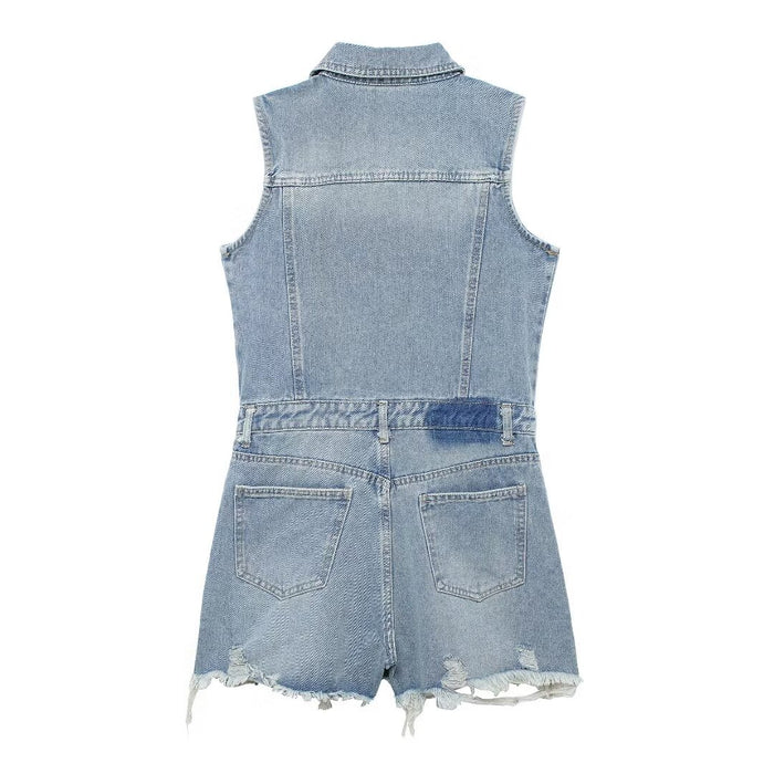 Women Clothing French Collared Sleeveless Denim Jumpsuit Wild Jumpsuit