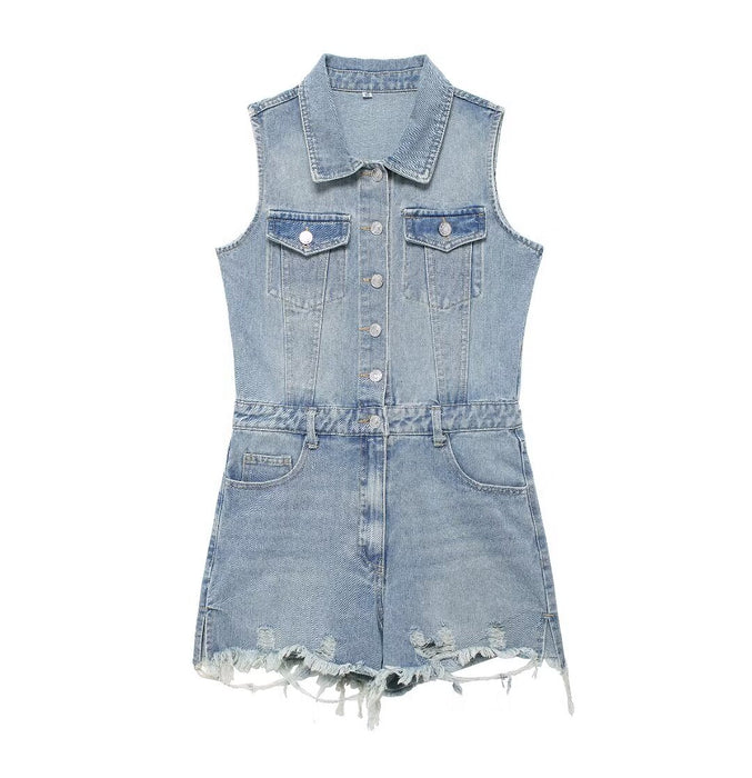 Women Clothing French Collared Sleeveless Denim Jumpsuit Wild Jumpsuit