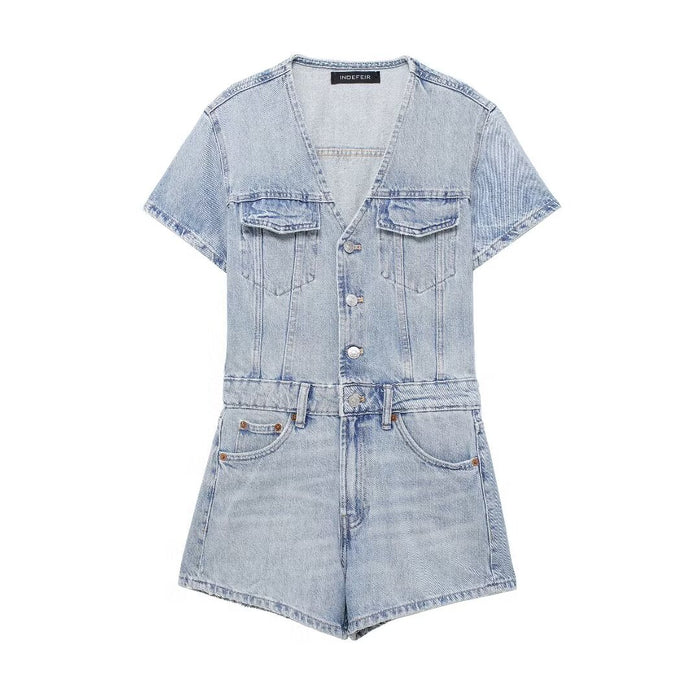 Women Clothing French Waist Denim Shirt jumpsuit