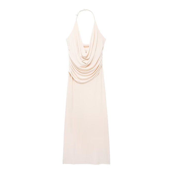 Women Clothing French Sexy Pleated Hanging Collar Sleeveless Maxi Dress