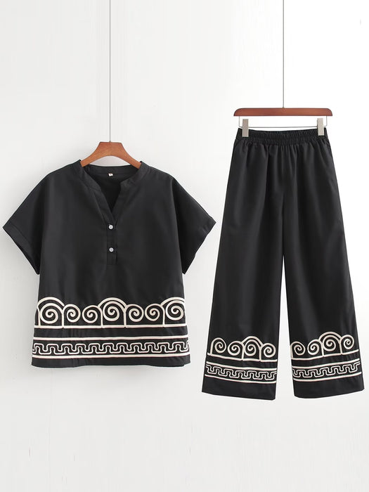 Spring Women Clothing Vintage Embroidery Black Dress Embroidery Pant Sets