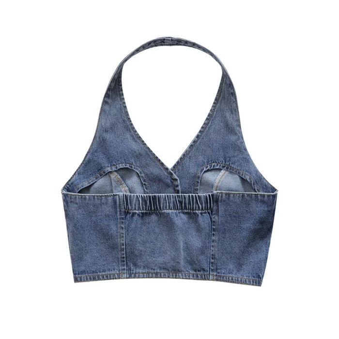 Summer Women Clothes French All Match Halter Sleeveless Skinny Short Denim Vest