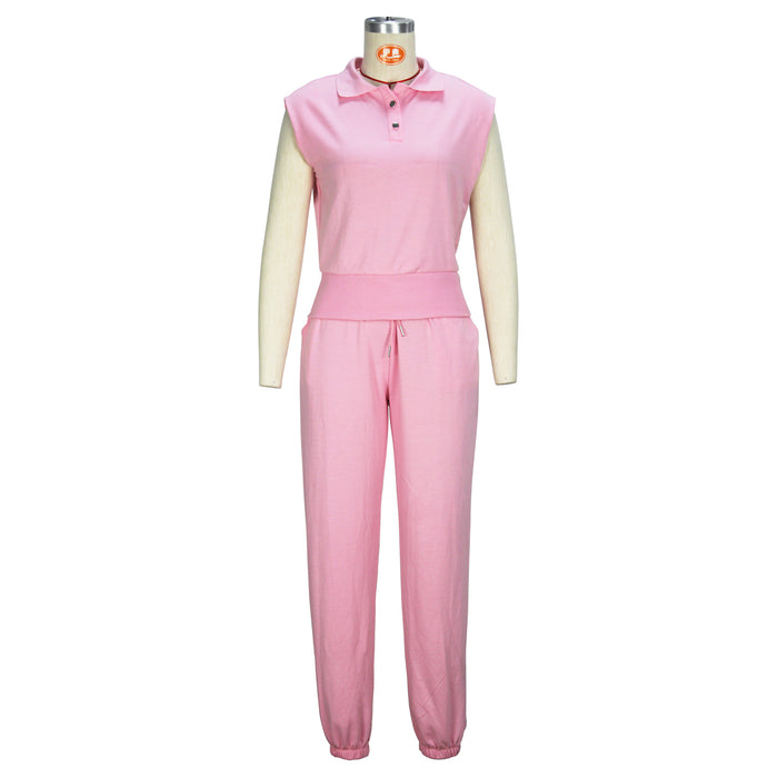 Women Clothing Spring Summer Elegant Solid Color Pink Sleeveless Top Trousers Set