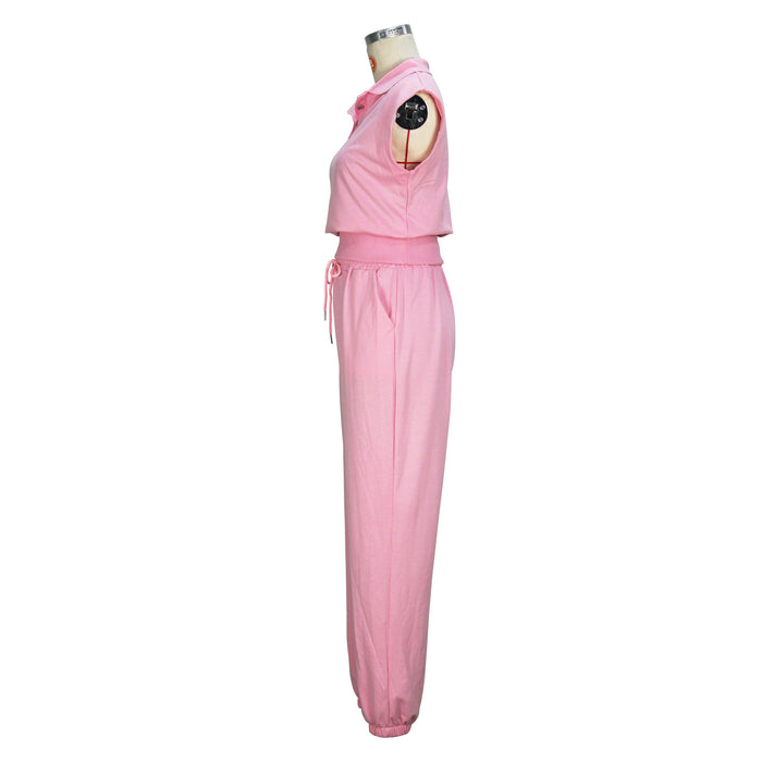 Women Clothing Spring Summer Elegant Solid Color Pink Sleeveless Top Trousers Set