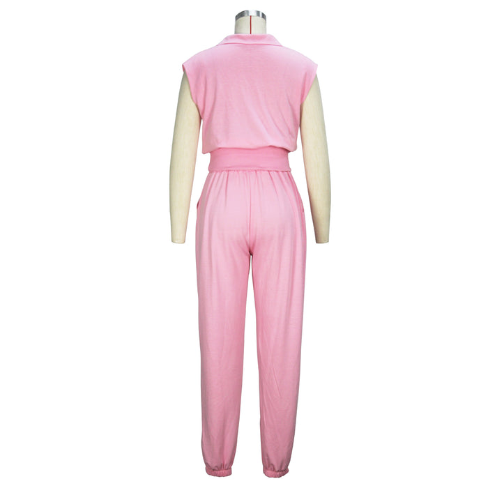 Women Clothing Spring Summer Elegant Solid Color Pink Sleeveless Top Trousers Set