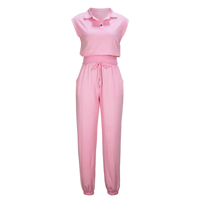 Women Clothing Spring Summer Elegant Solid Color Pink Sleeveless Top Trousers Set