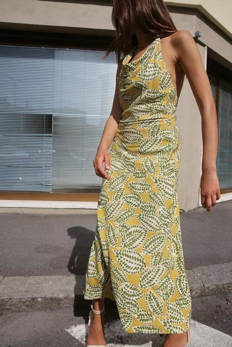 Summer Printing Hanging Collar Maxi Dress