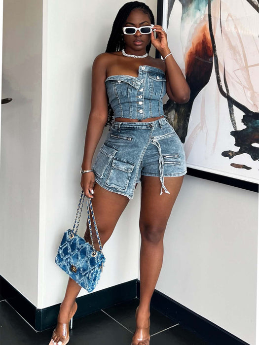 Women Wear Chest Wrapped Cargo Shorts Denim Set