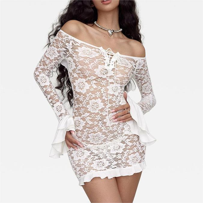 Sweet Spicy Lace Hollow Out Cutout out off Collar Tied Lotus Leaf Short Dress Summer