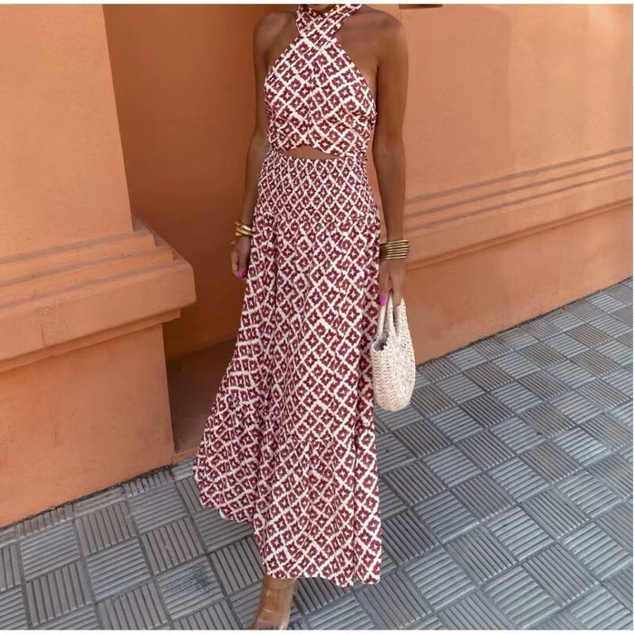 Women Clothing Sexy Vacation Backless Suit Halter Lace Up Small Top Waist Slimming Maxi Dress