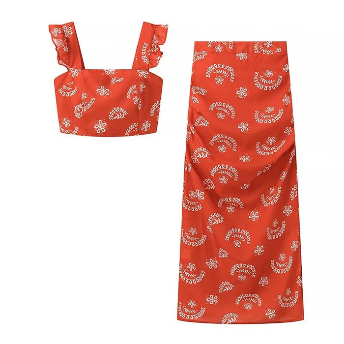 Summer Printed Square Collar Short Top High Waist Ruched Women Overskirt Suit