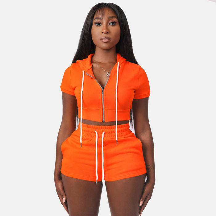 Women Clothing Supply Zipper Cardigan Solid Color Short Top Hoodie Two Piece Set Set