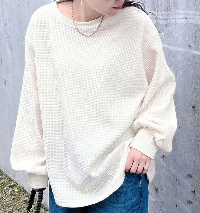 Autumn T shirt Women Loose Casual High Grade Waffle Niche Solid Color Slimming Round Neck Bottoming Shirt Long Sleeve