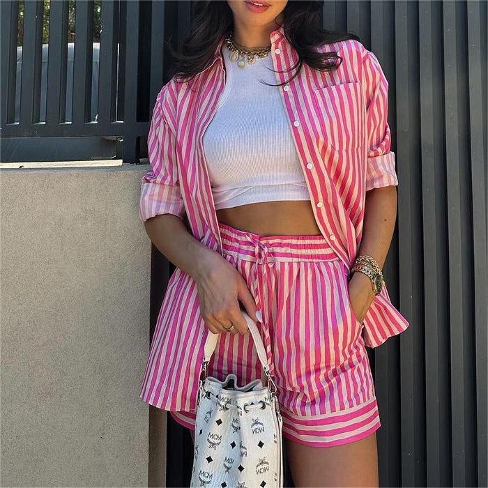 Summer Women Striped Pocket Shirt Shorts Suit