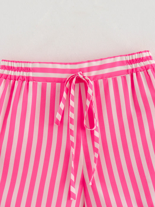 Summer Women Striped Pocket Shirt Shorts Suit