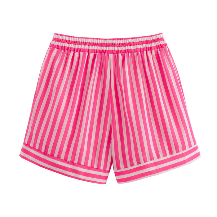 Summer Women Striped Pocket Shirt Shorts Suit