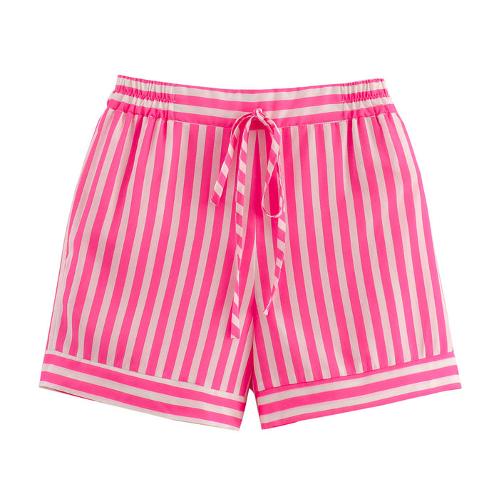 Summer Women Striped Pocket Shirt Shorts Suit