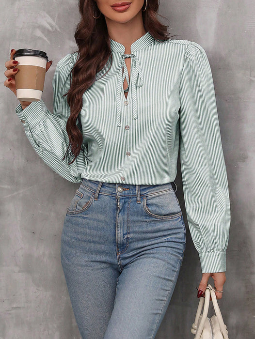 Women Half Open Collar Lace up Pullover Long Sleeve Office Striped Shirt