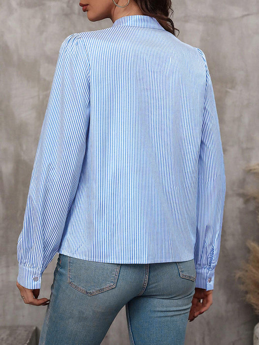 Women Half Open Collar Lace up Pullover Long Sleeve Office Striped Shirt