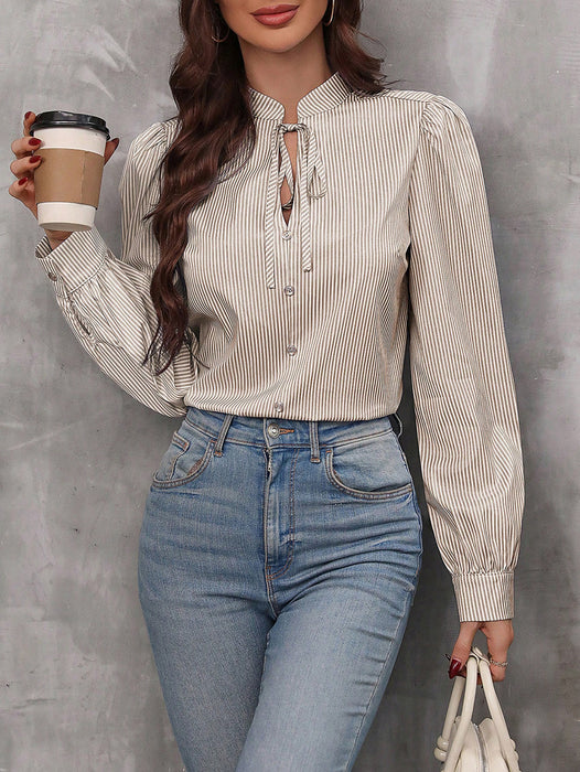 Women Half Open Collar Lace up Pullover Long Sleeve Office Striped Shirt