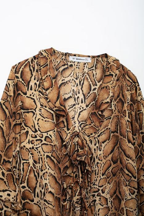 Women Clothing Manufacturers V Neck Leopard Print Women Shirt Ruffled Long Sleeve Loose Top