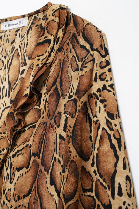 Women Clothing Manufacturers V Neck Leopard Print Women Shirt Ruffled Long Sleeve Loose Top