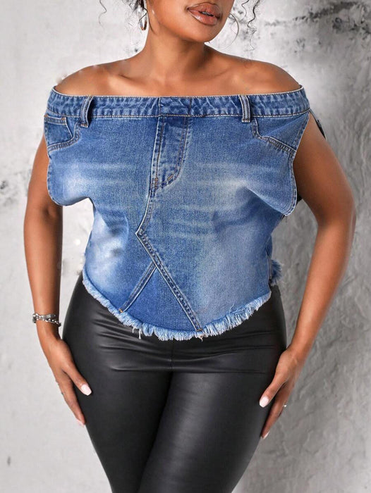 Summer All Matching Slim Fit Slimming Jacket Vest Top off Shoulder T shirt Top Denim Coat