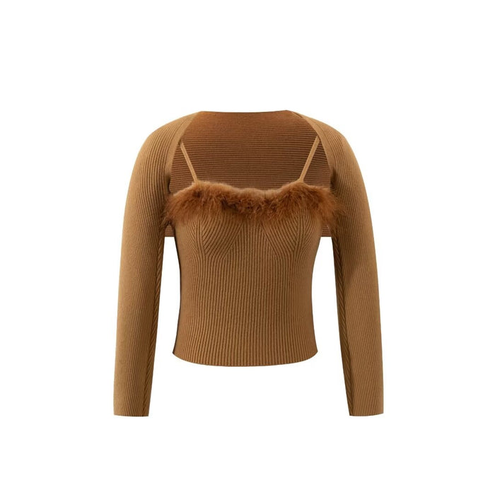 Sweet Spicy Pure Sexy Furry Square Collar Camisole Shawl Smock Top Two Piece Set for Women Autumn Winter Sweater