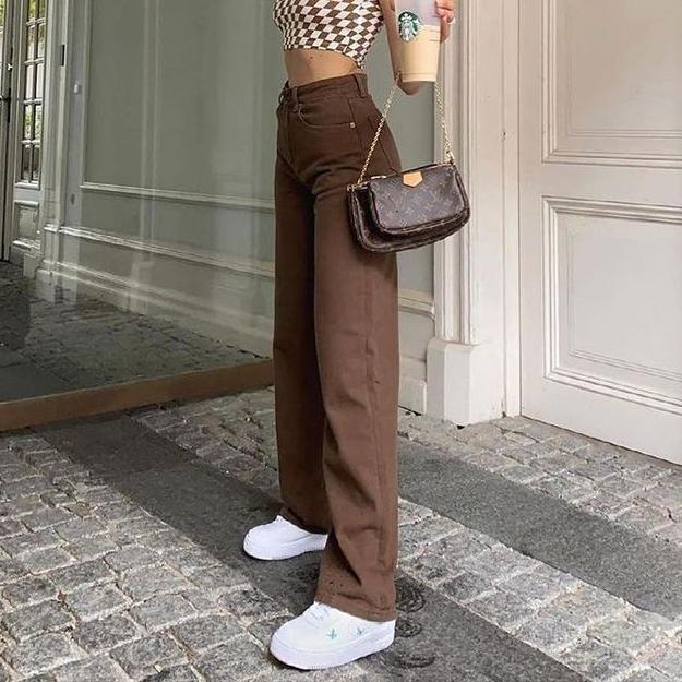 Autumn Brown Jeans Retro Solid Color Slimming High Waist Straight Pants Women