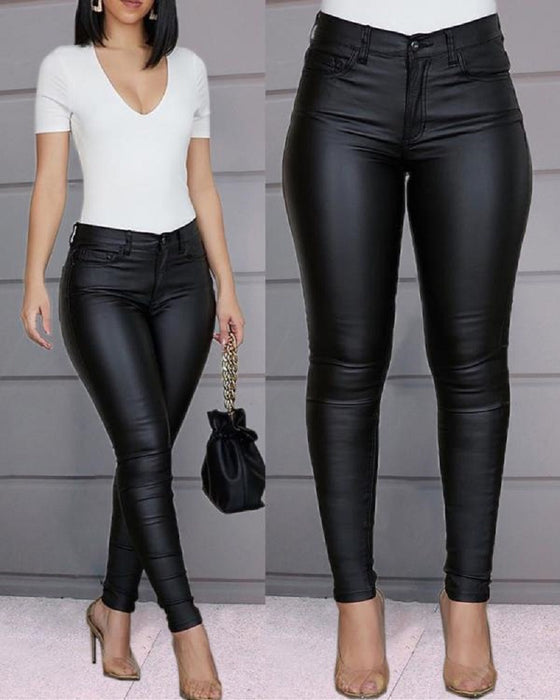 Autumn Winter New Wish Popular Solid Color Faux Leather Pants Casual Sexy Skinny Pants Women Trousers