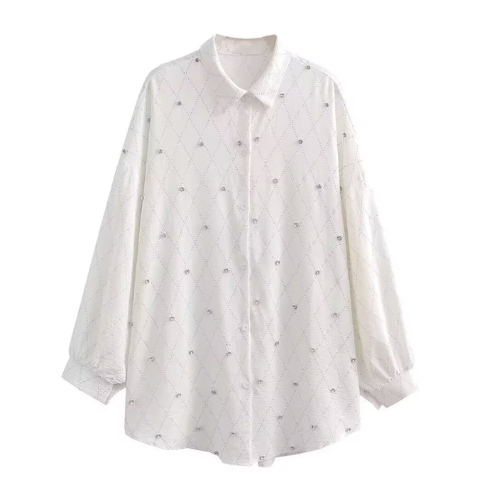 Summer Women Casual Solid Color Rhinestone Top Collared Loose Long Sleeve Shirt