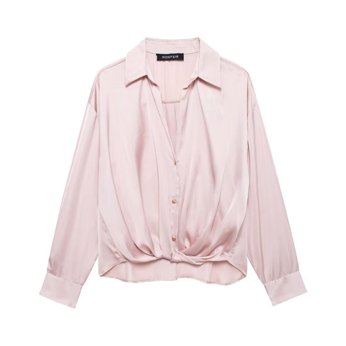 Autumn Women Clothing Pink Long Sleeve Bow Tie Silk Satin Texture Loose Shirt