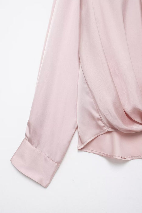 Autumn Women Clothing Pink Long Sleeve Bow Tie Silk Satin Texture Loose Shirt