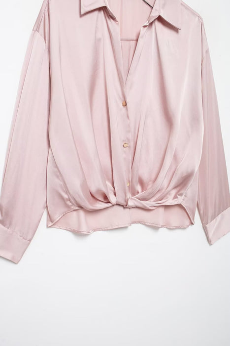 Autumn Women Clothing Pink Long Sleeve Bow Tie Silk Satin Texture Loose Shirt